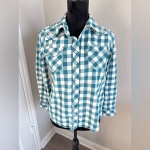 Bit & Bridle Women's Pearl Snap Western Flannel Shirt Teal & White Sz Small